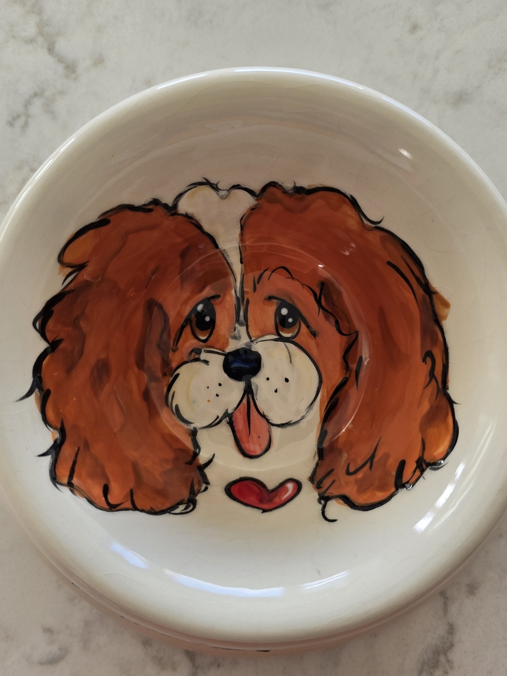 Ceramic Dog Bowl Cavalier King Charles Spaniel. Signed. Fr Laguna Beach. Crazing